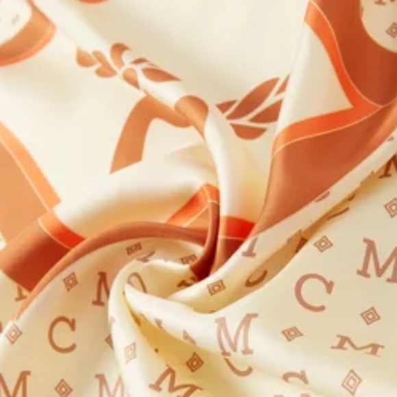 MCM Accessories - MCM Cream and Orange Logo Silk Scarf